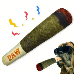 A plush dog toy resembling a giant joint, labeled "PAW," with a cool dog wearing sunglasses, surrounded by colorful musical notes.