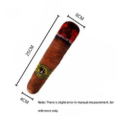 A realistic cigar with a red and brown color scheme, measuring 25 cm in length and 4 cm in width, showcasing brand details.