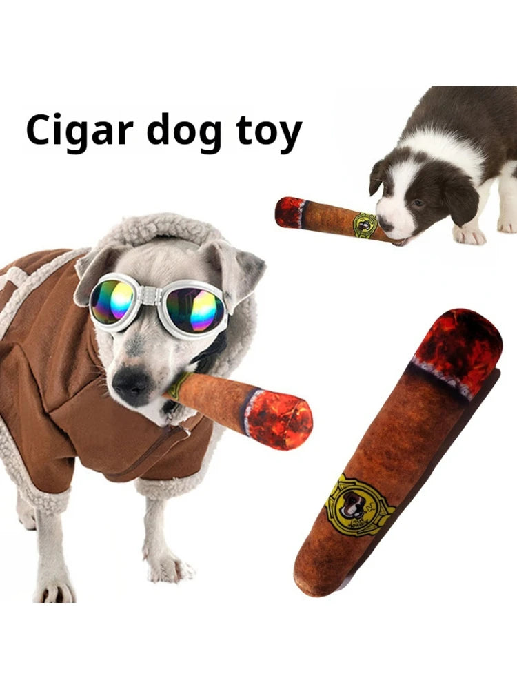 A playful puppy examines a brown plush cigar dog toy, designed for fetching and chewing, set against a light background.