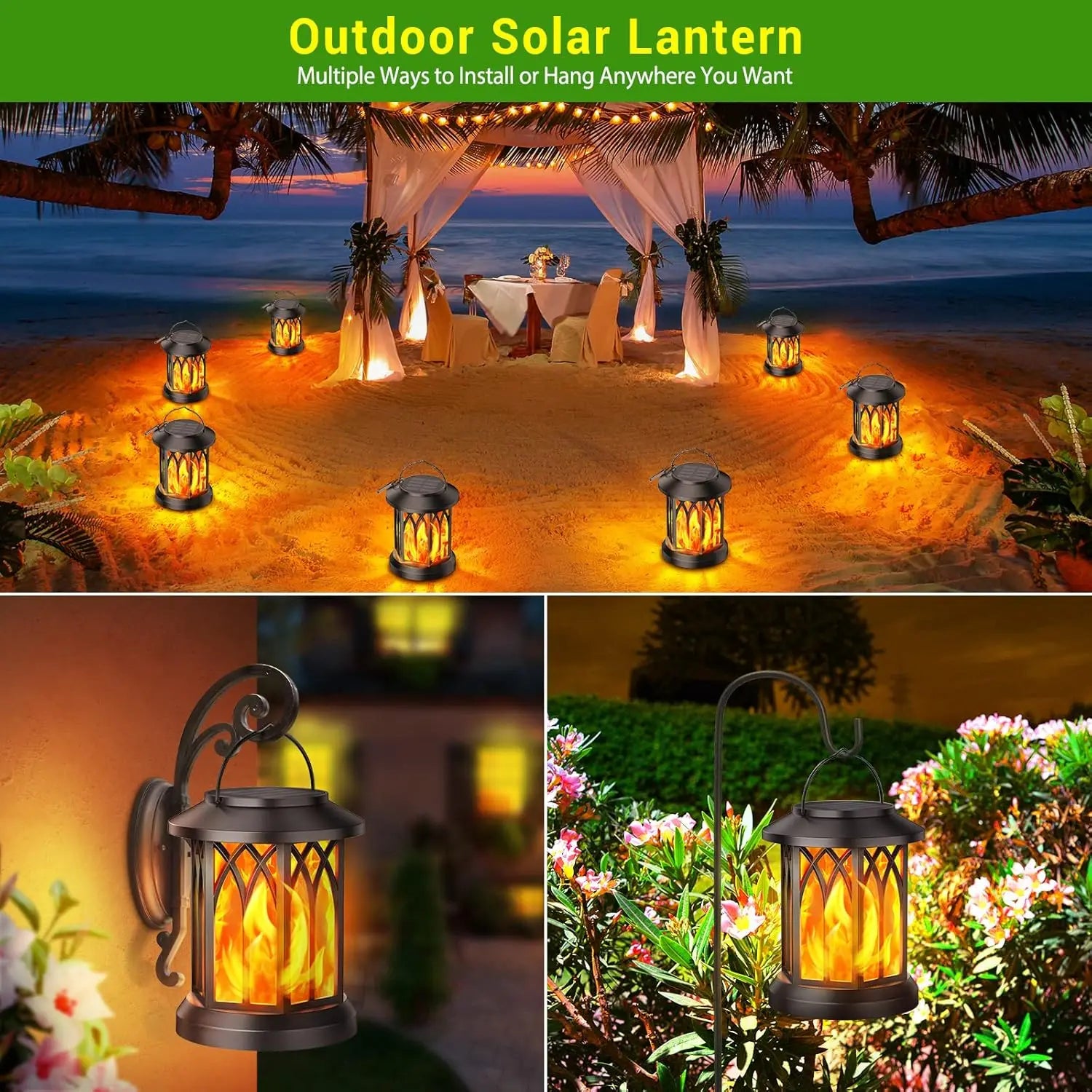 2 Pack Upgraded Flickering Flame Solar Lanterns Lights Outdoor, Solar Powered Lanterns for Yard Garden Decor, Black