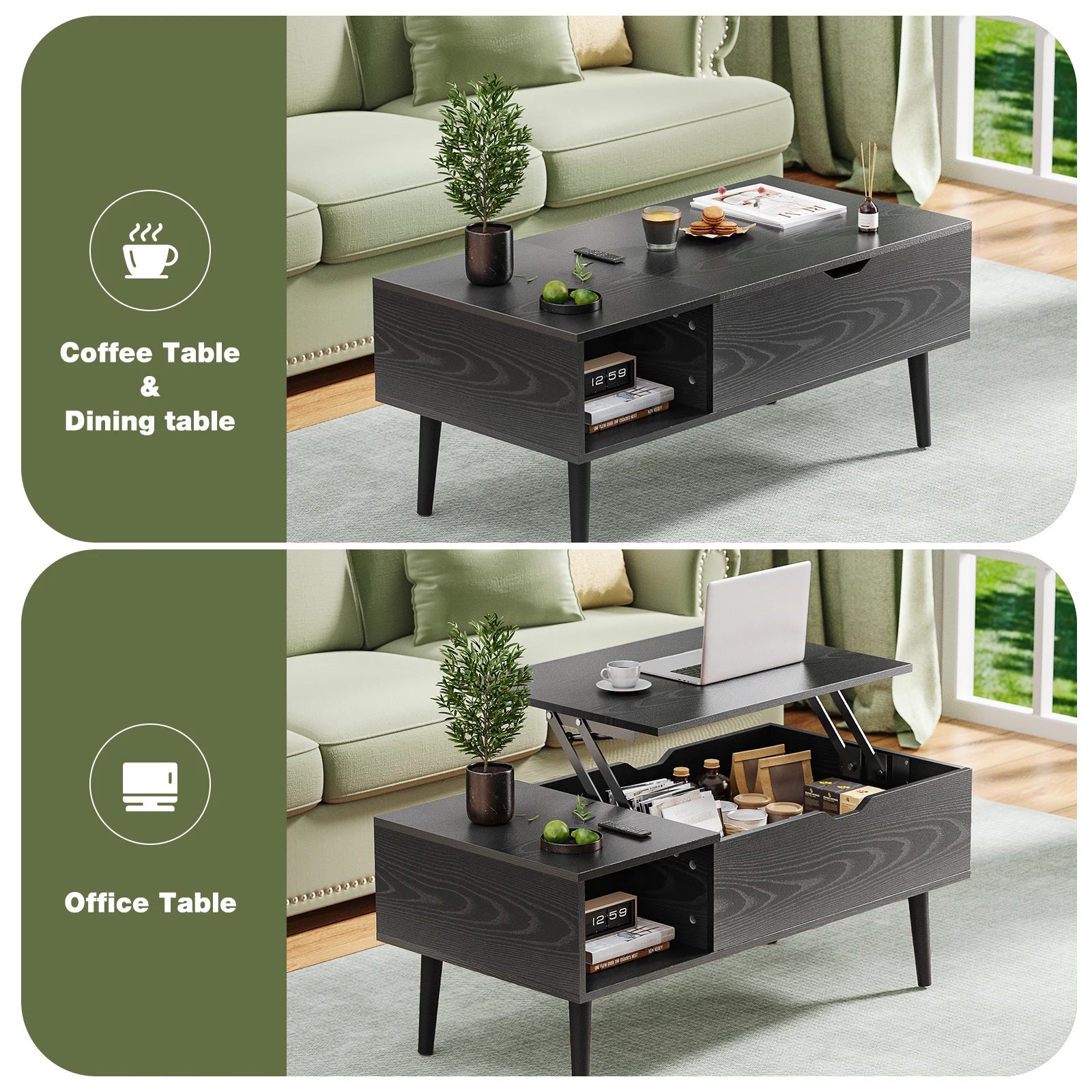 Lift-Top Coffee Table – Adjustable Wood Dining Table with Storage for Living Room