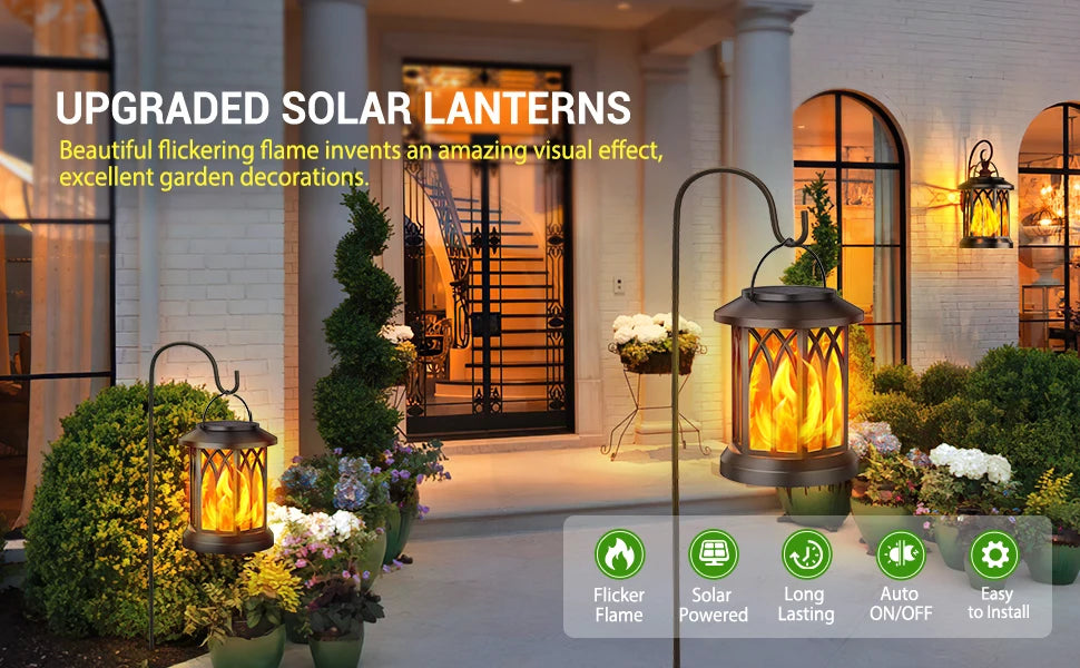 2 Pack Upgraded Flickering Flame Solar Lanterns Lights Outdoor, Solar Powered Lanterns for Yard Garden Decor, Black