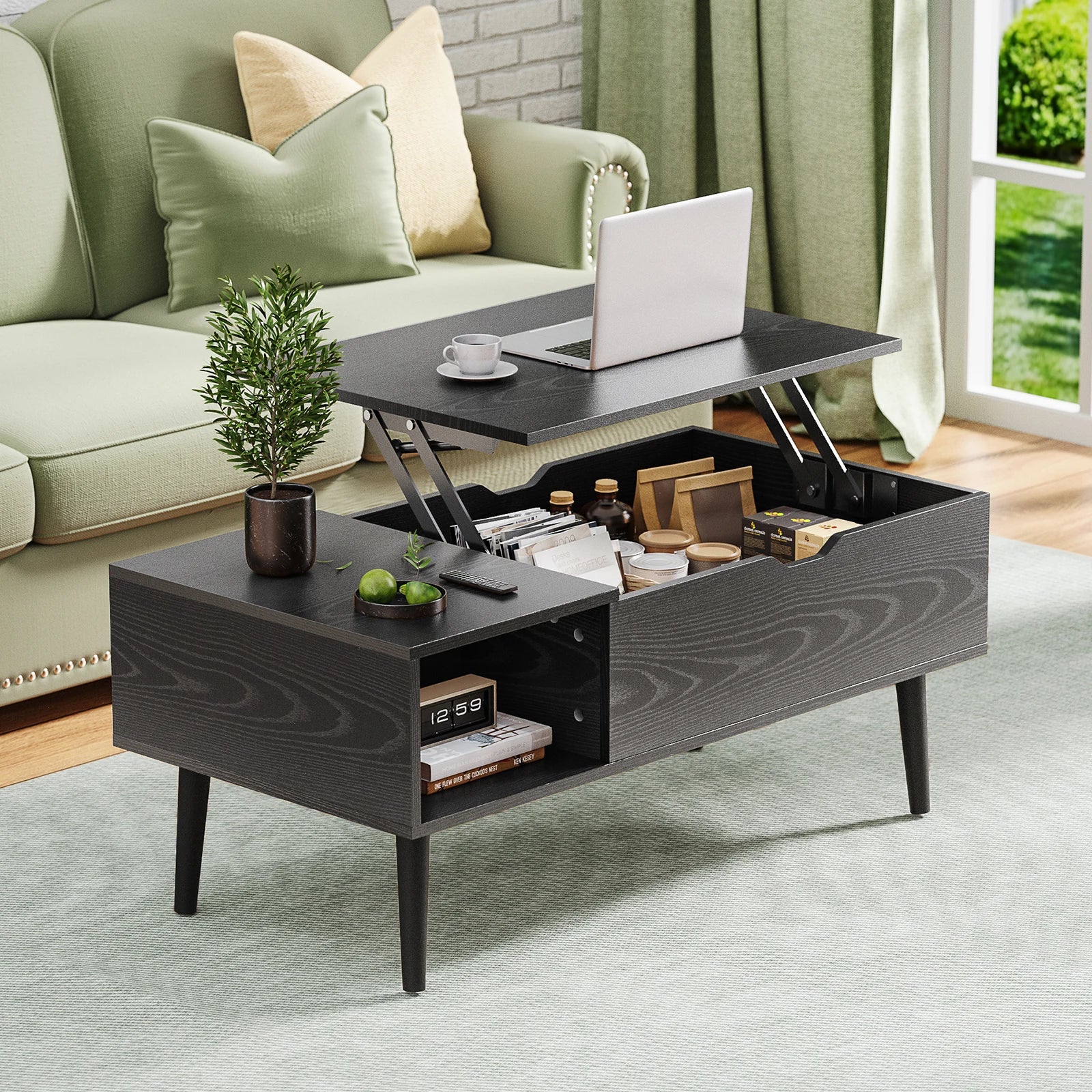 Lift-Top Coffee Table – Adjustable Wood Dining Table with Storage for Living Room