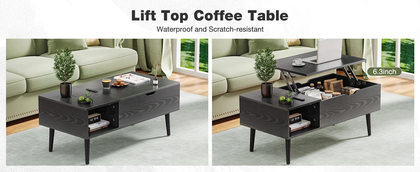 Lift-Top Coffee Table – Adjustable Wood Dining Table with Storage for Living Room