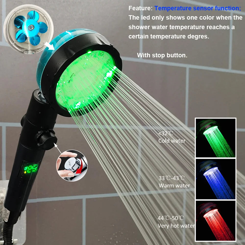 High-Pressure Temperature LED Propeller Shower Head 🌈 Color-Changing with Adjustable Stop Button